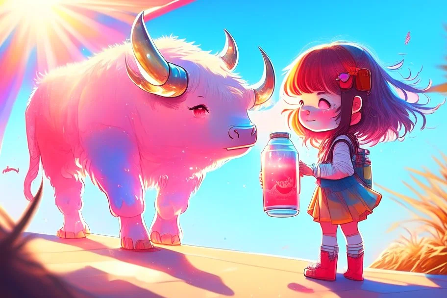 cute chibi holographic girl looking at a red bull animal happily in sunshine