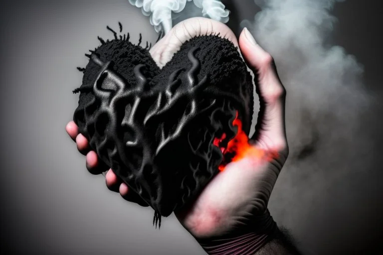 A hand made out of black smoke violently crushing an anatomically correct heart