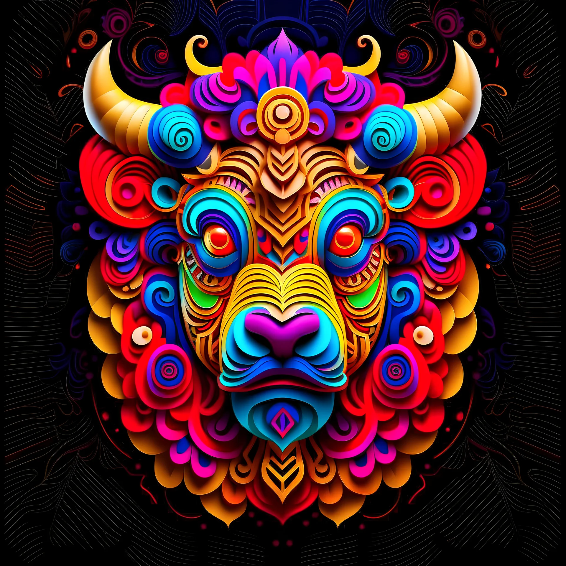 logo design, complex, trippy, bunchy, 3d lighting, Buffalo, highly detailed face,, colorful floral scarf, cut off, ancient, symmetrical, papercut