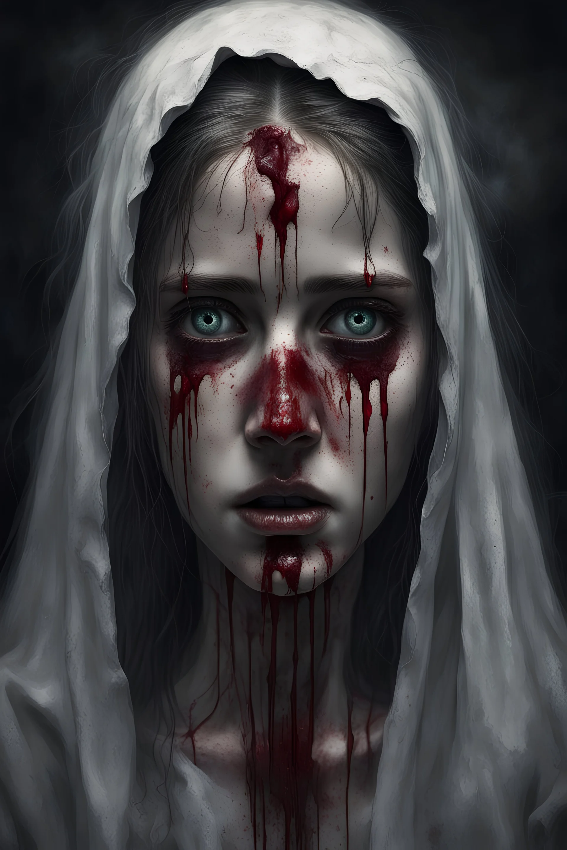 A horror digital realism portrait of a saint blind girl with gloomy eyes and bleeding her soul out pain pain pain lost mind over matter dark dark art