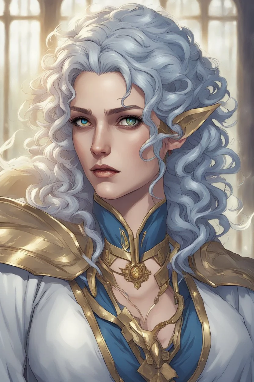 A muscular and strong female half-elf twilight cleric in a silver robe with blue curly hair and golden eyes