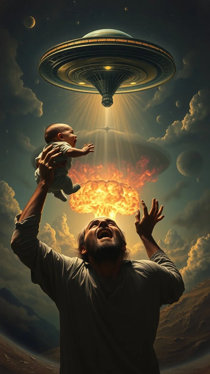 Bosch painting style nightmare, a man screaming holding a baby up toward a ufo spaceship, in the background a nuclear explosion in the rear view , dramatic sad scene, fantasy, scary.