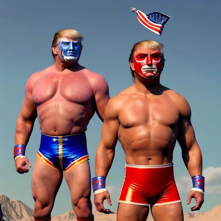 Realistic image of Donald trump wrestler, Mexican wrestling style, Mexican wrestling mask for eyes, red and blue breeches, glow us flag dress, suspenders, retro style, 80s, vibrant color, highly detailed, sky background, concept art, unreal engine 5, god rays, ray tracing, RTX, lumen lighting, ultra detail, volumetric lighting, 3d, finely drawn, high definition, high resolution.