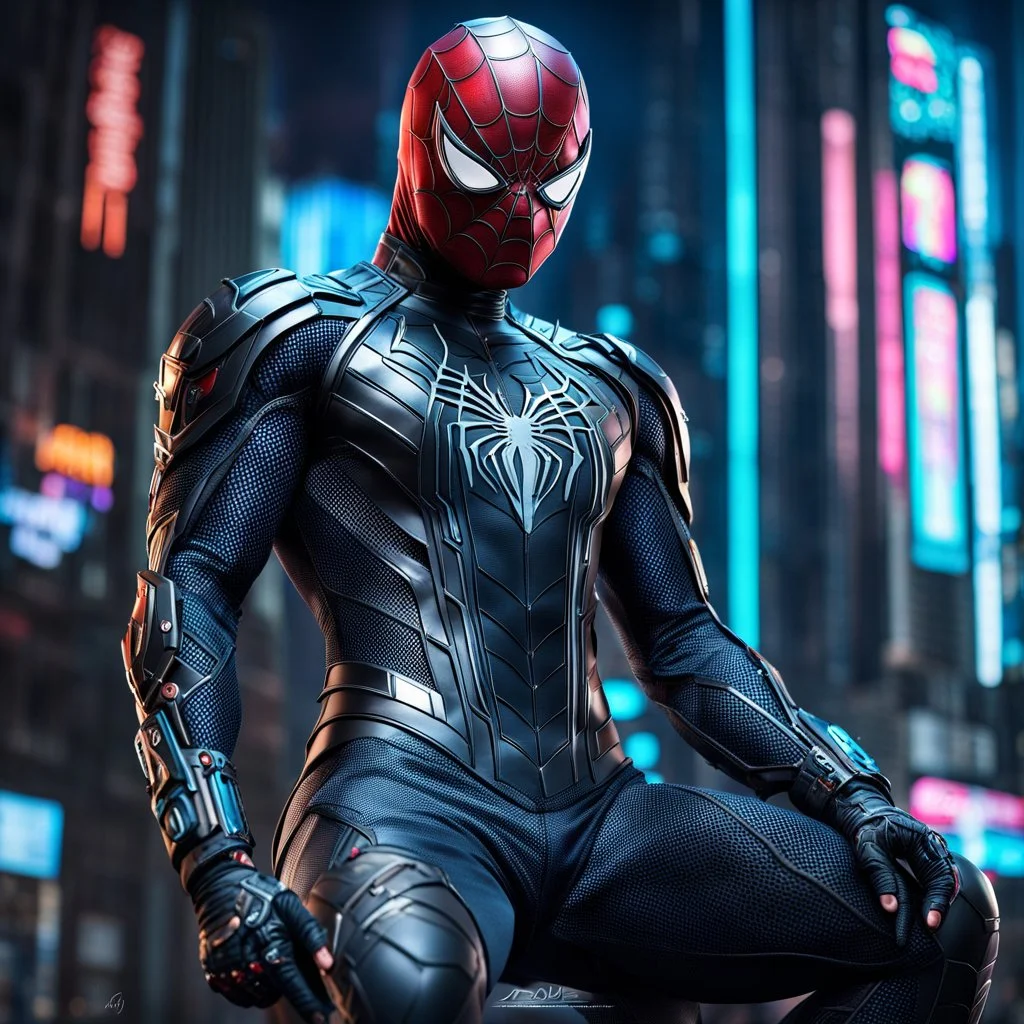 Fhoto full body, reality, Raw, sundel as cyberpunk spiderman costum, digital art, intricate details, powerful composition, captivating, , trending on artstation, sharp focus, studio photo, intricate details, highly detailed, by addie_digi