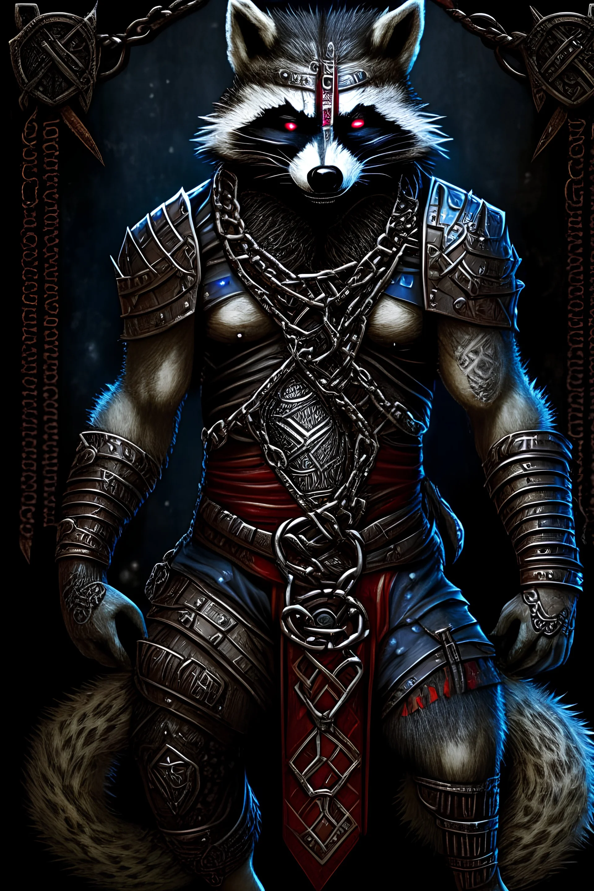 Rpg Character Runic Warrior Vampire Racoon with a chainmail and runic tattos over the body