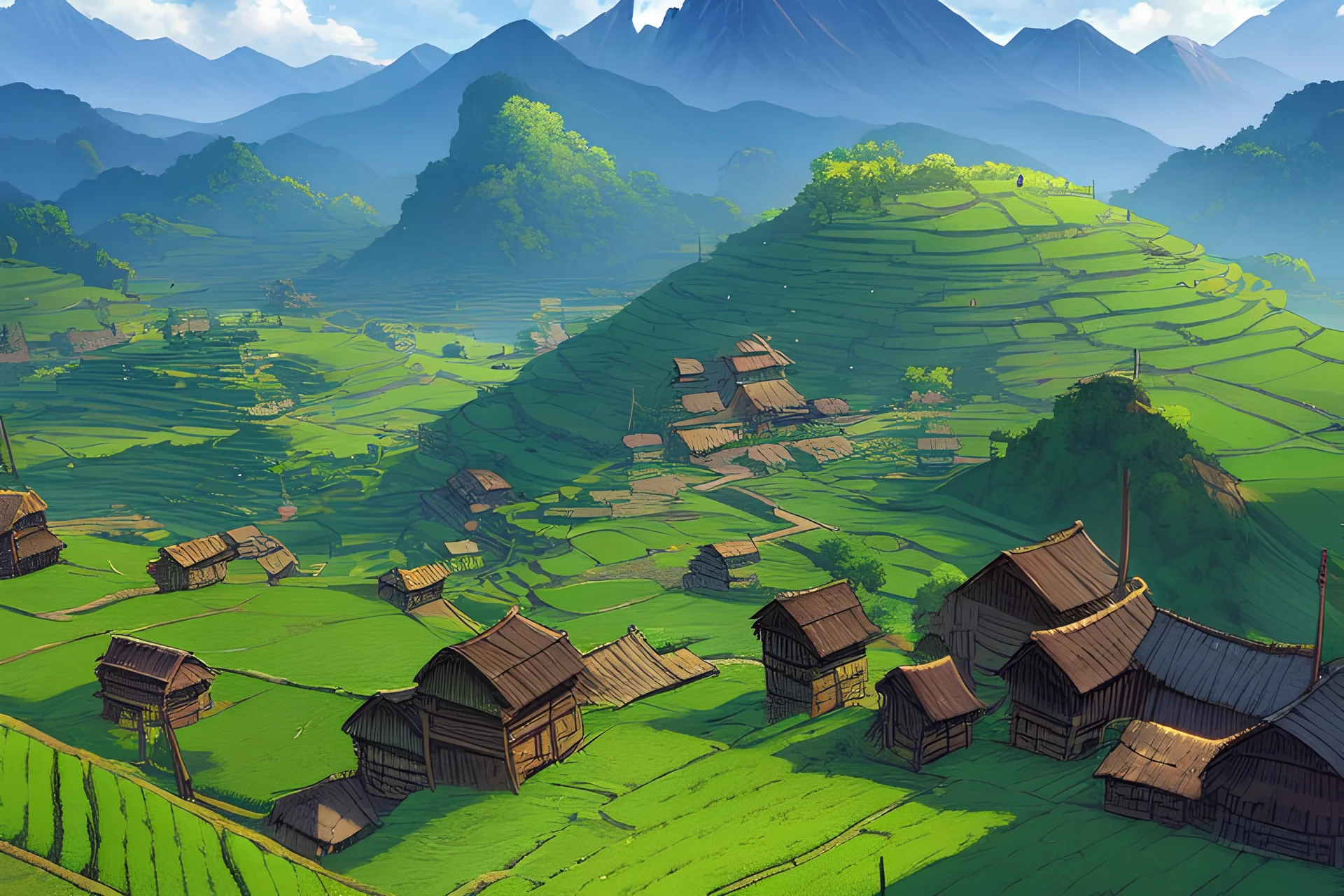 Buka dengan pemandangan indah desa tradisional dengan sawah hijau yang terhampar dan gunung di kejauhan. Memperkenalkan tokoh utama, Budi, seorang pemuda desa yang ingin mencari pekerjaan di kota besar.