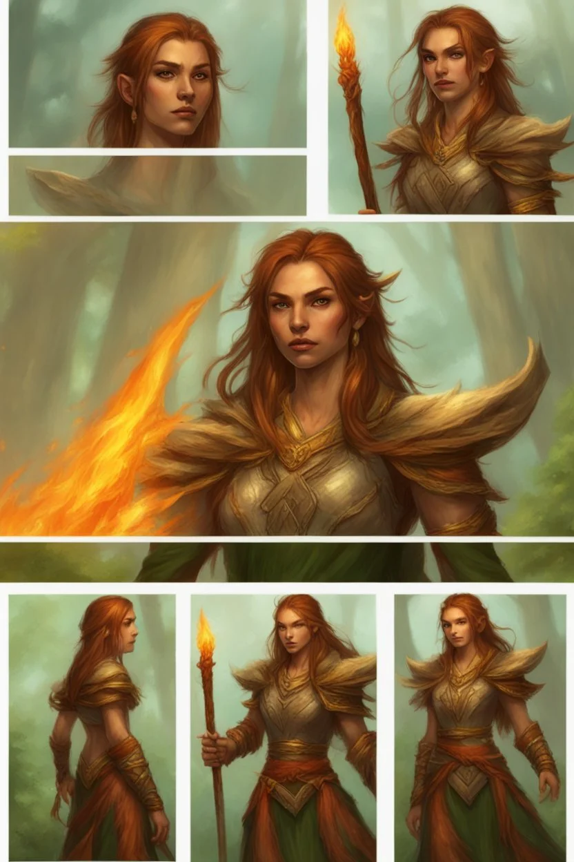 Female eladrin druid that has fire abilities. Long hair that has fire texture. Has a big scar on face after a animal attack.