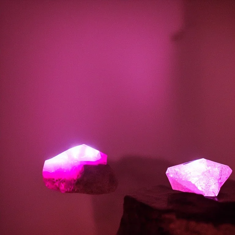 single pink crystal, on an altar in a foggy cave