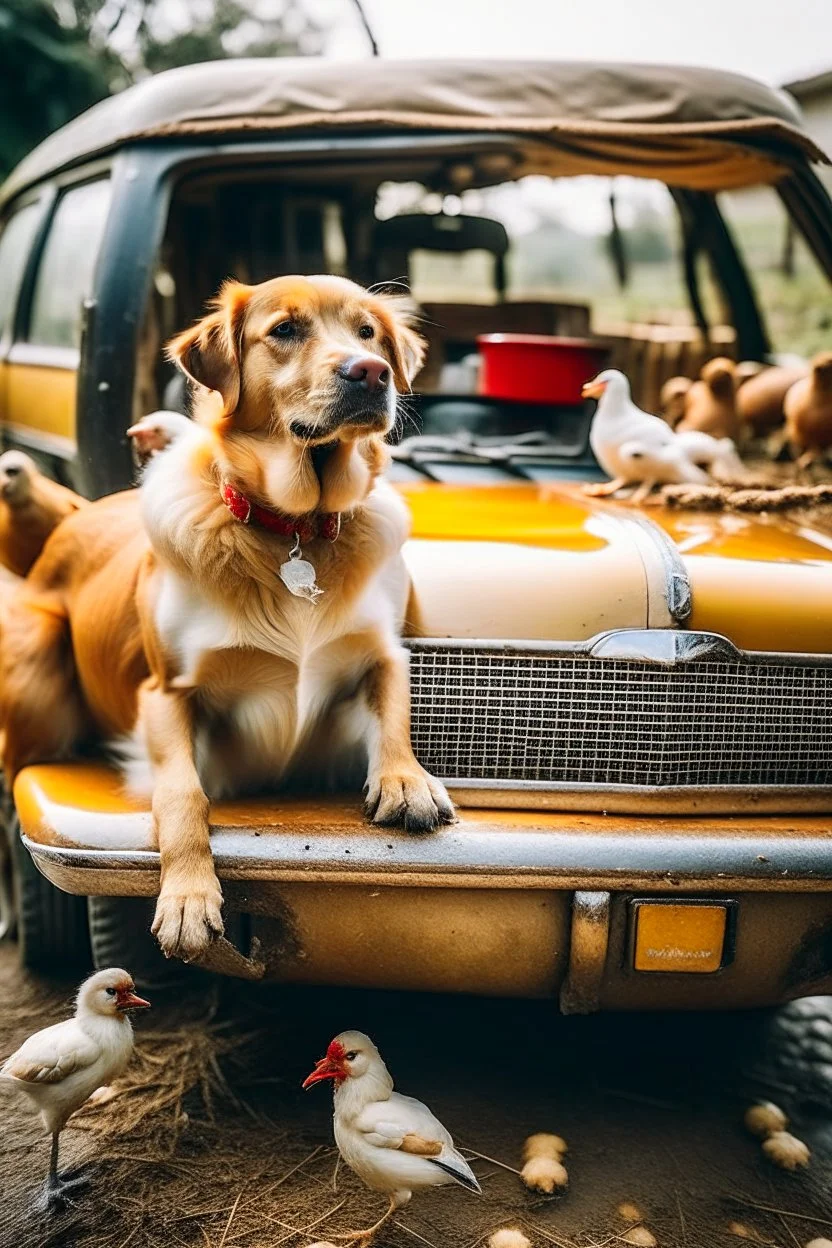 Perro en coche atropellando gallinas
