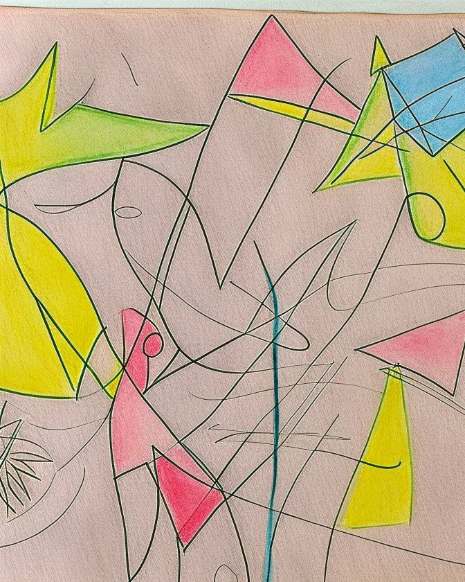 Abstract paul klee painting on pastel paper with sketchy pencil outlines