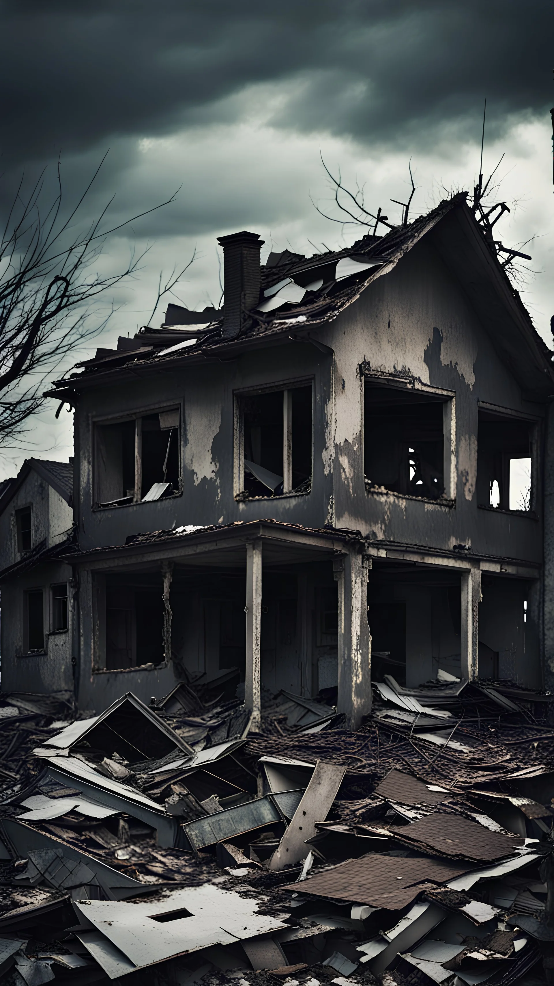 Many gloomily destroyed abandoned houses, gloomy depressing atmosphere, horror, decay