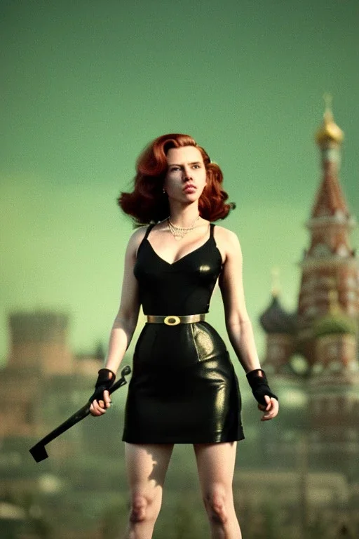 retro portrait image from 1960, Moscow background, wind, long red hair, fighting stance, sweet young Scarlett Johansson, black dress, classic tight lycra black suit, weapon, gold bracelet and belt, high heel boots, soft color, highly detailed, unreal engine 5, ray tracing, RTX, lumen lighting, ultra detail, volumetric lighting, 3d, finely drawn, high definition, high resolution.