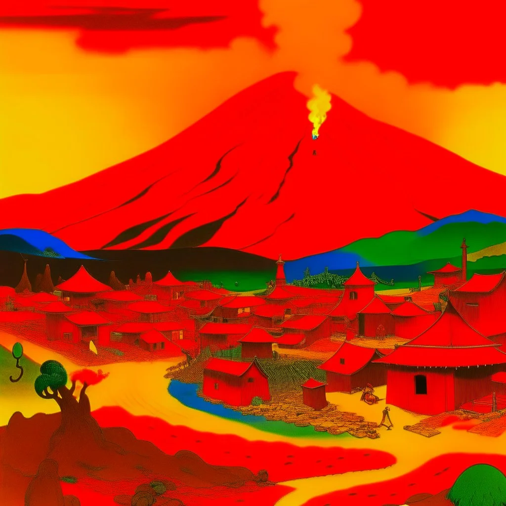 A red village near a fiery volcano painted by Wassily Kandinsky