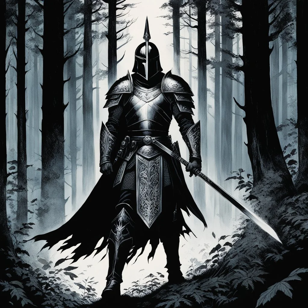 [Art by Kelley Jones] In the heart of the dense forest, a warrior emerges clad in dark armor, a figure of mystery and power. His eyes, gleaming with determination, pierce through the shadows as he wields a mighty two-handed sword with both hands firmly on the pommel. The weight of the blade is palpable as he moves with a deliberate and calculated grace, each step echoing a silent oath to protect the ancient woods.