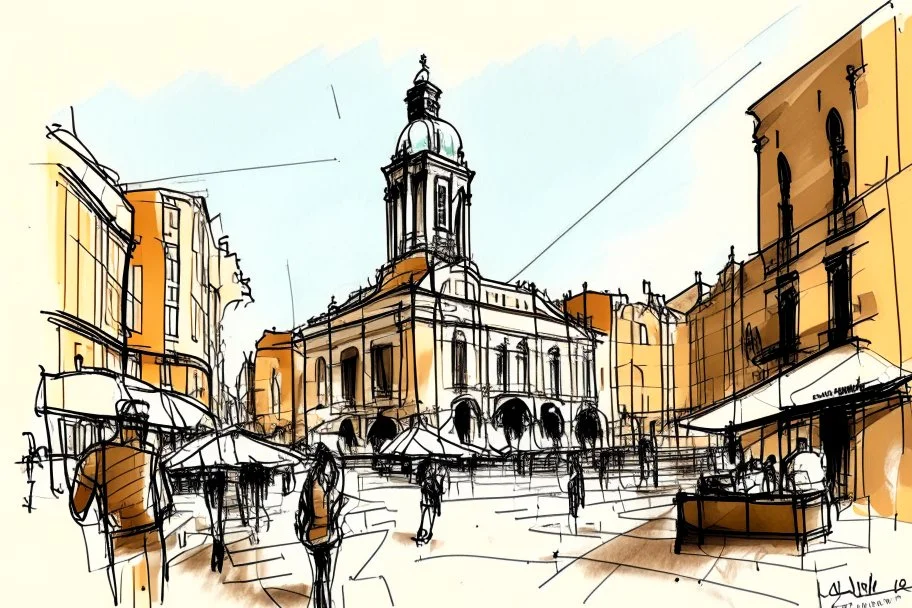 urban sketch of Nottingham marketplace