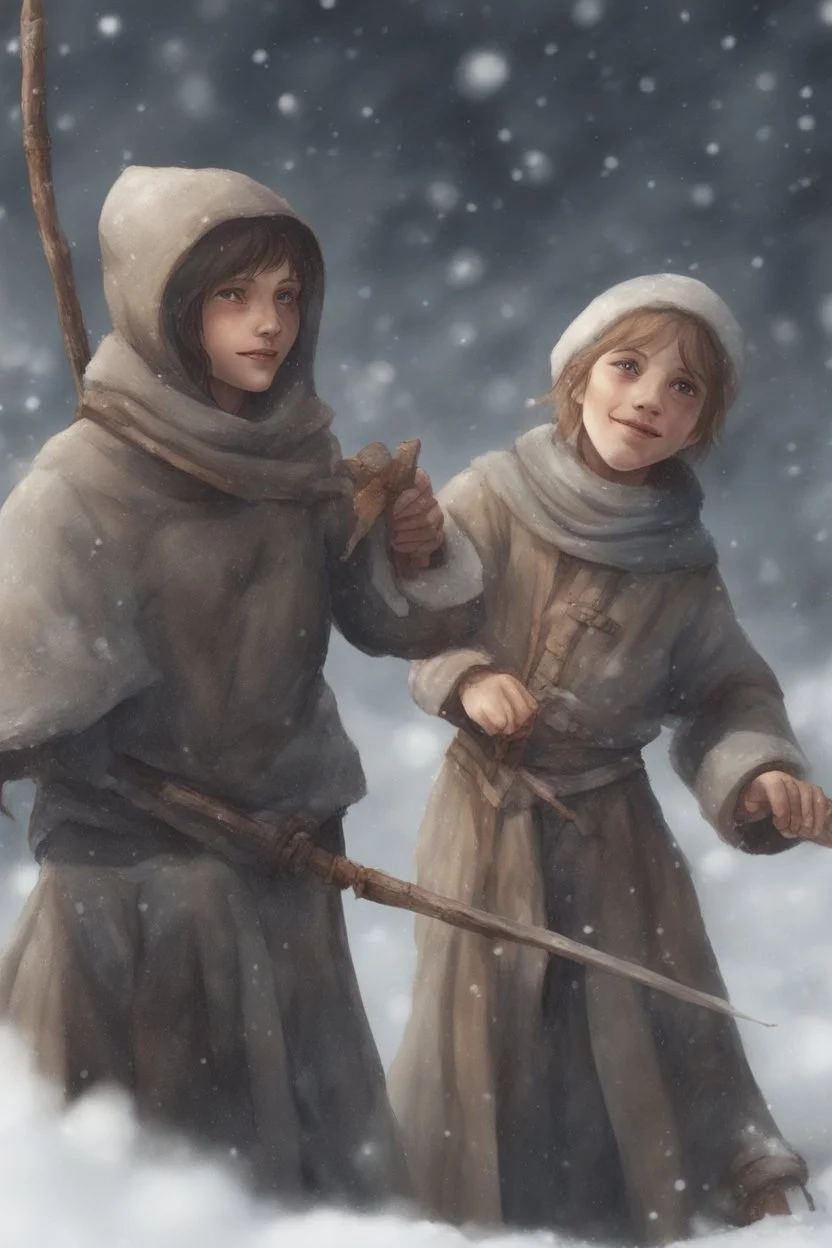 DnD style, two medieval peasant kids playing in the snow male and female, age 14 and 15, happy and playful