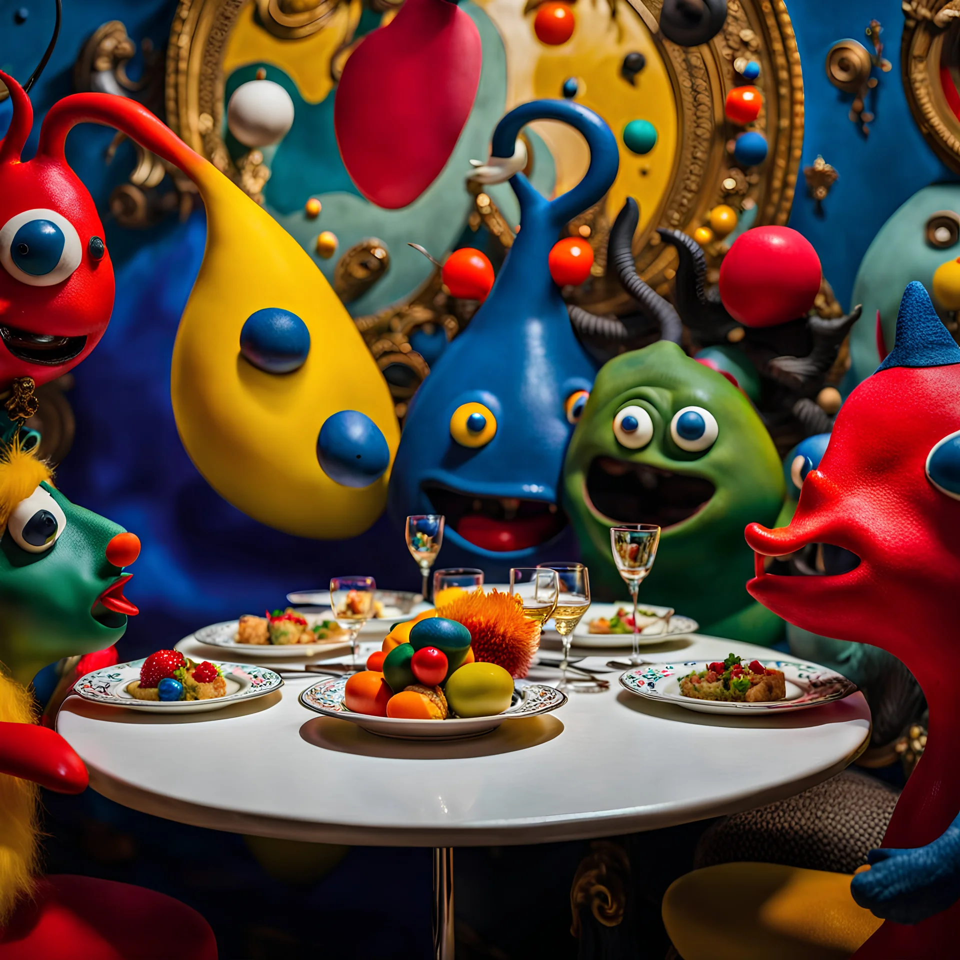 Close-up shot of ultra realistic odd monsters dining, vivid, ultra realistic, Joan Miró, hypermaximalist figures, light, Italian 1970's odd movie, hilarious, Minicavio Quollati style, photography by Marlost Endgulp, ornate, 4k, photorealism, expressionism