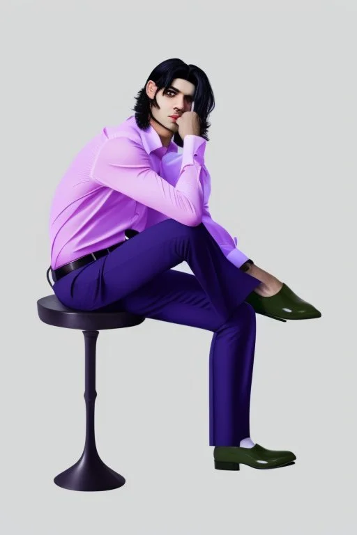 A guy with black hair, sitting on a chair, wearing a beautiful white shirt with pleats. in trousers with pleats