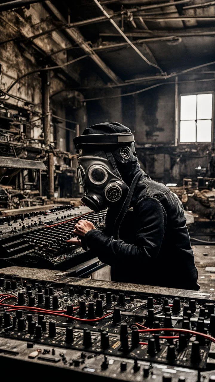 a person with a gas mask in an abandoned big massive factory, playing with a modular synth piano