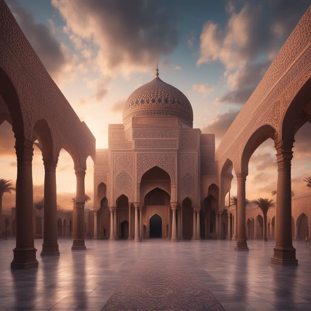 Hyper Realistic Beautiful Moorish Architecture at cloudy sunset showing dramatic & cinematic ambiance