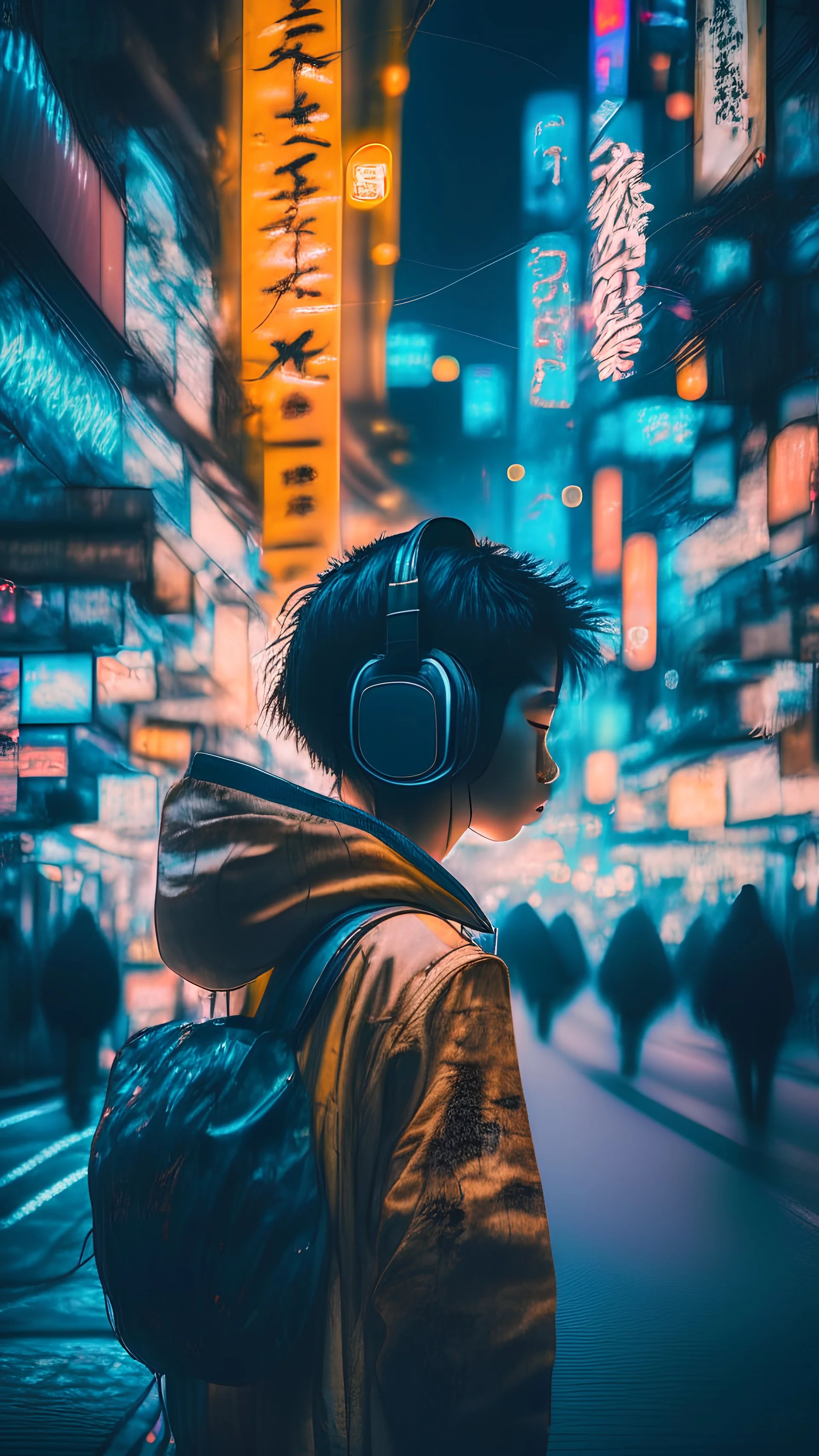 a lost boy with headphones in the middle of Tokyo junction, long exposure, night time, dramatic light, crowd, neon signs, blinding lights