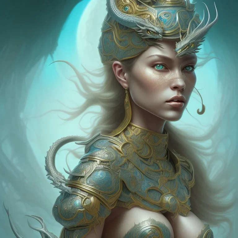 sango fantasy, fantasy magic, intricate, sharp focus, illustration, highly detailed, digital painting, concept art, matte, artgerm and paul lewin and kehinde wiley, masterpiece silver dragon head golden African nice breast Afo woman turquoise waves