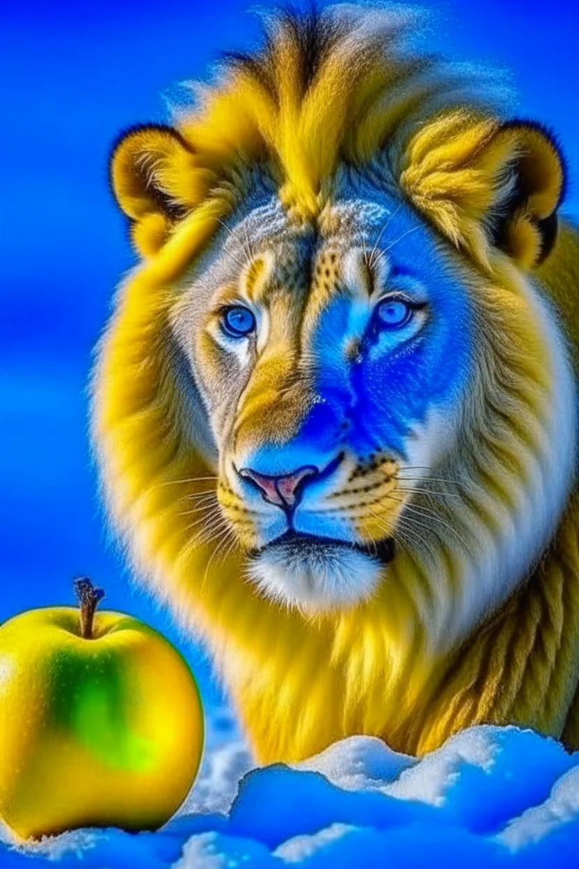 lion eat apple with snow and blue mood the lio yellow mood