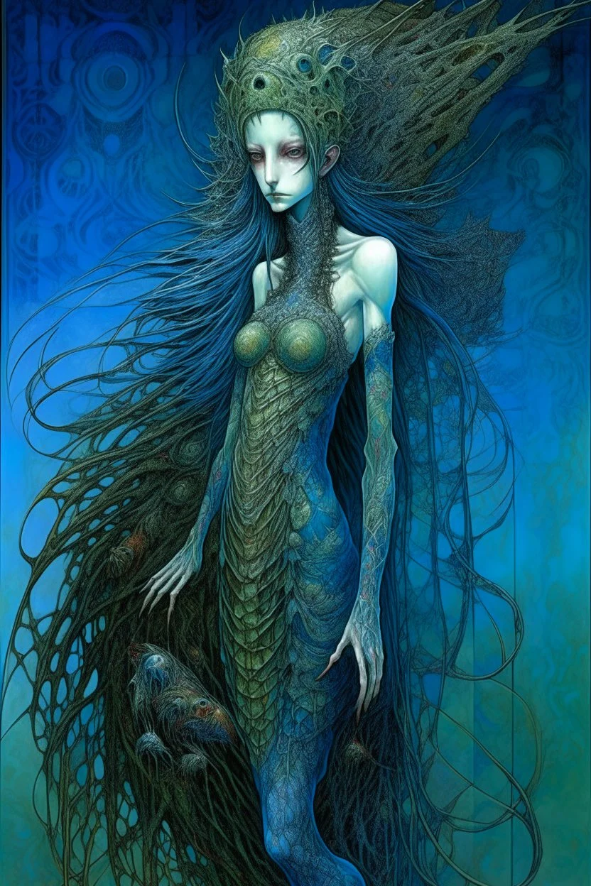 A beautiful girl with a colorful peacock long hair , full body, front view . decayed and rotting with grotesque proportions and imagery. grotesqueries, detailed texture, surreal horror, biomechanical design, by hr giger and beksinski , on blue color