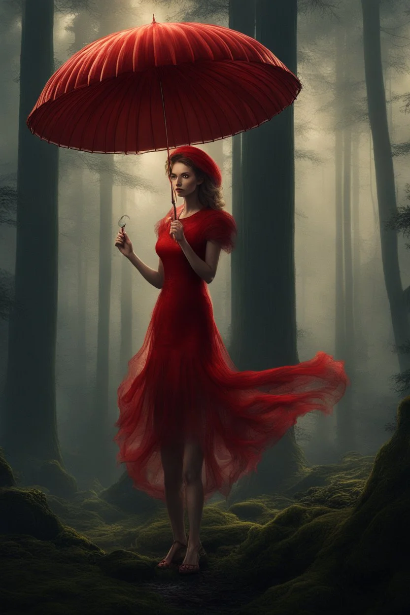 tall slim woman in a red dress, in a forest, holding an umbrella made from a jellyfish, detailed matte painting, deep colour, fantastical, intricate detail, splash screen, complementary colours, fantasy concept art, 8k resolution, Unreal Engine 5