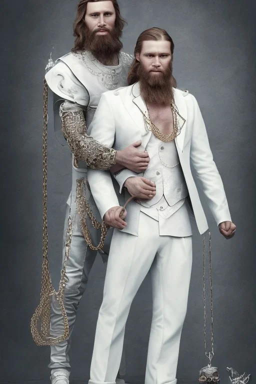 Viking BDSM style, 8K, a Highly detailed portrait of a man holding a submissive woman in a chain, white suit, beard, and short hair