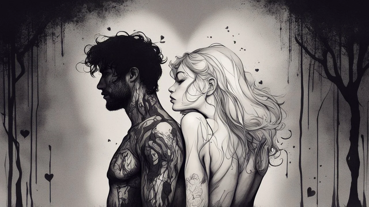 ink design, woman, man, love, in the dark The two of us were left without further ado, no emotions, no clothes.