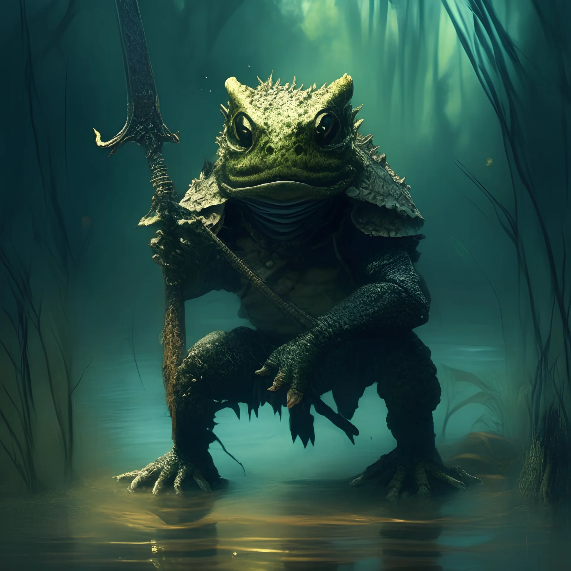 swamp brown, brown frog tyrex head long teeth carnivorous plant predator teeth man ,full body, weapon sword, swamp marshy sparsely wooded area 4k