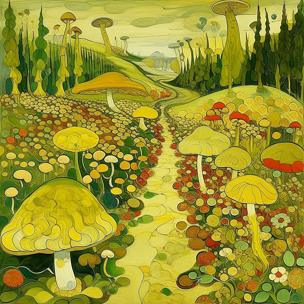 A yellowish green grassy road with mushrooms painted by Wassily Kandinsky