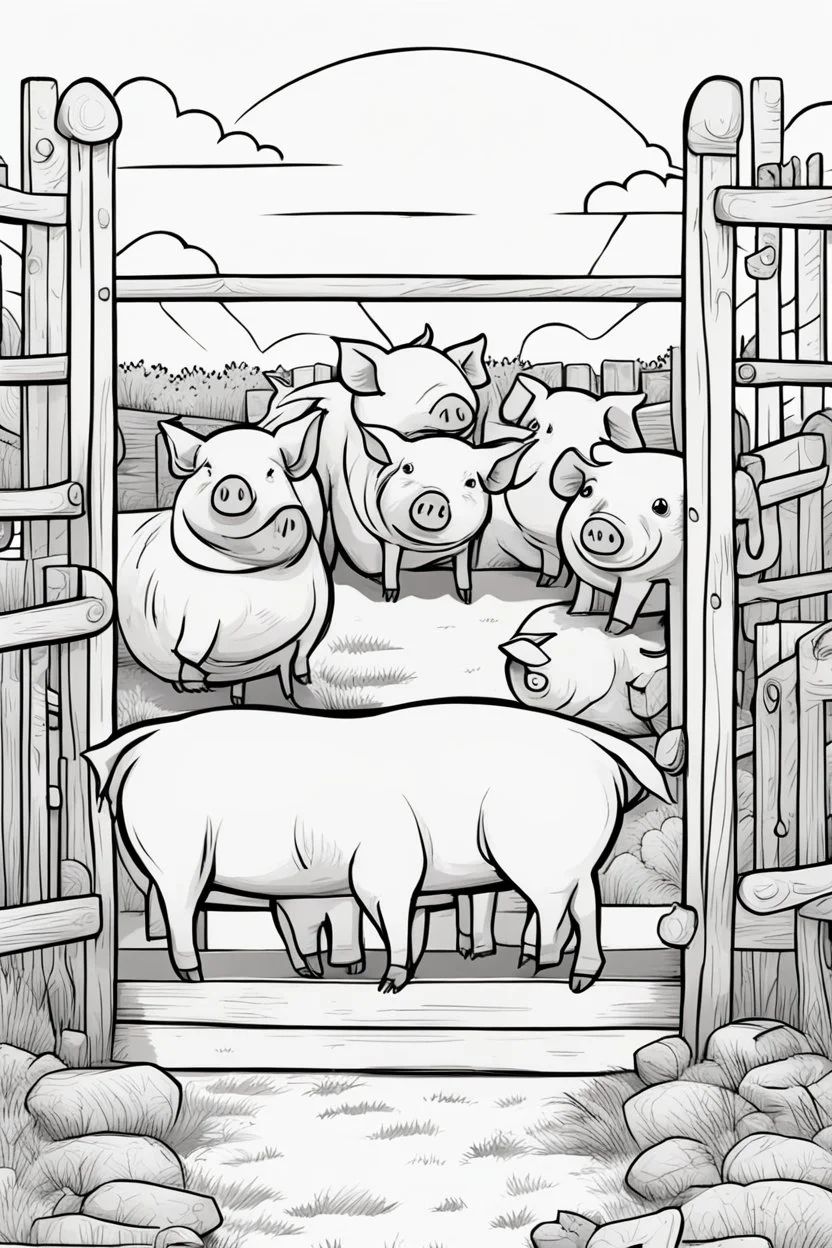 coloring page, pigs in a pen, cartoon style, thick lines, low detail, no shading