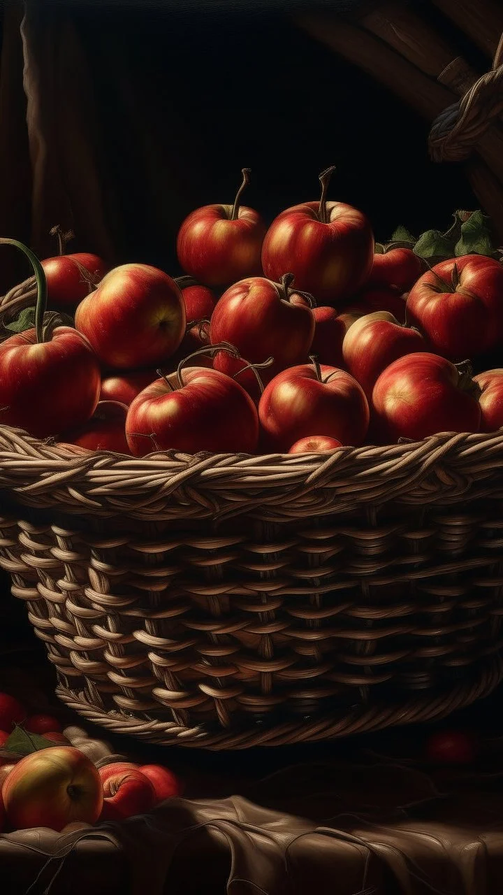 Bosch nightmares paining style Title:a basket of red apples , 8k artistic photography, photorealistic concept art, soft natural volumetric cinematic perfect light, chiaroscuro, award-winning photograph, masterpiece, oil on canvas, Raphael, Caravaggio, Greg Rutkowski, people, beksinski, Giger