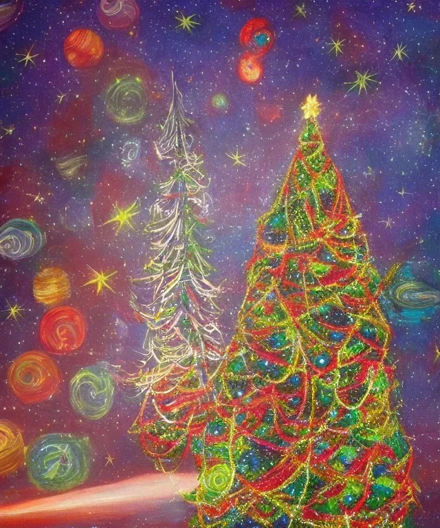 Painting of Christmas tree inside futuristic beautiful space ship