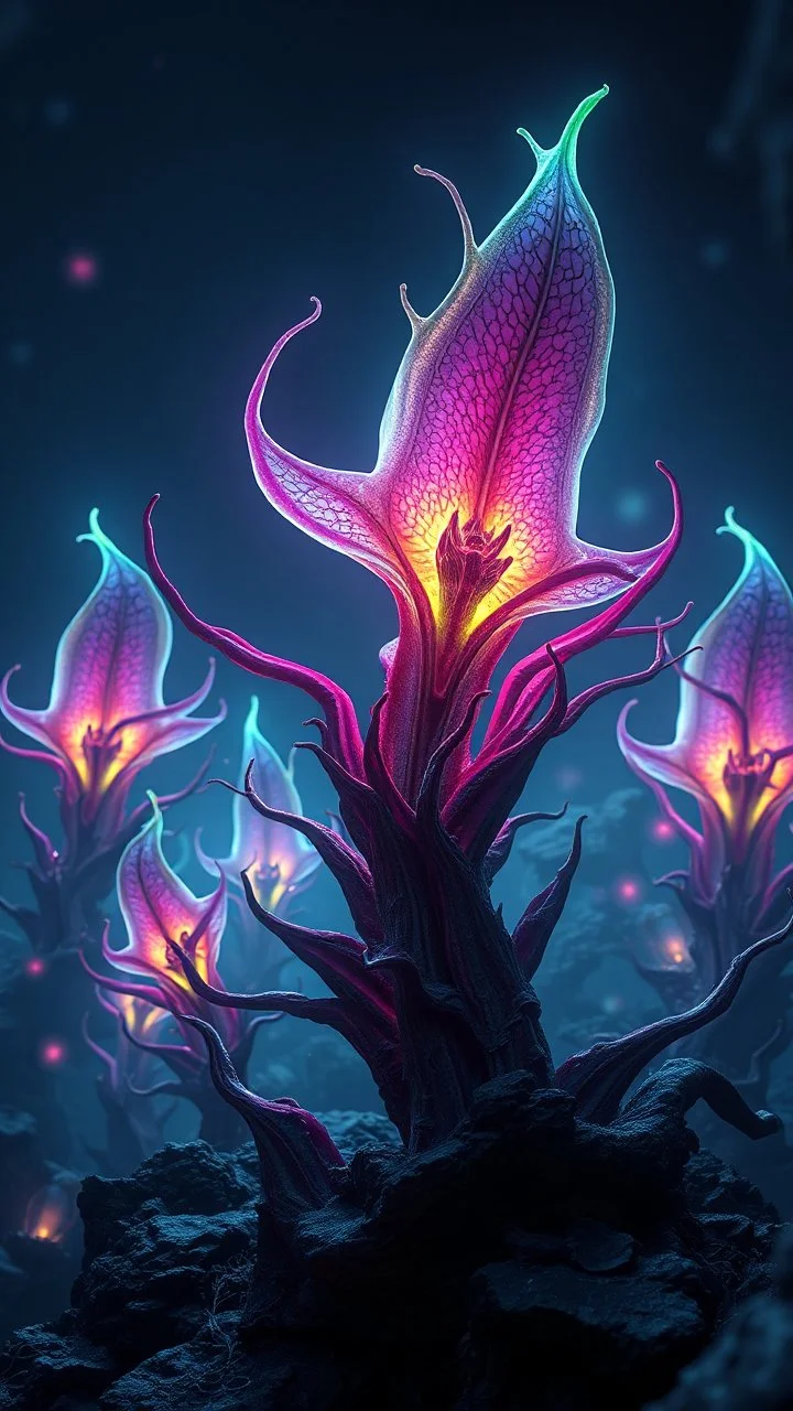 "3D HR Complex Unique and Beautiful Bioluminescent Carnivorous Plants, a breathtaking frontier fantasy artwork by Android Jones, Jean Baptiste monge, Alberto Seveso, Erin Hanson, Jeremy Mann. Minimalist highly detailed and complex professional_photography, masterpieces, 8k resolution concept art, Artstation, tricolor, Unreal Engine 5, cgsociety" Highly detailed ArtStation Concept Art Clear Focus Smooth cinematic 4K epic Details Serious Stoic ARTgerm AN's mature art