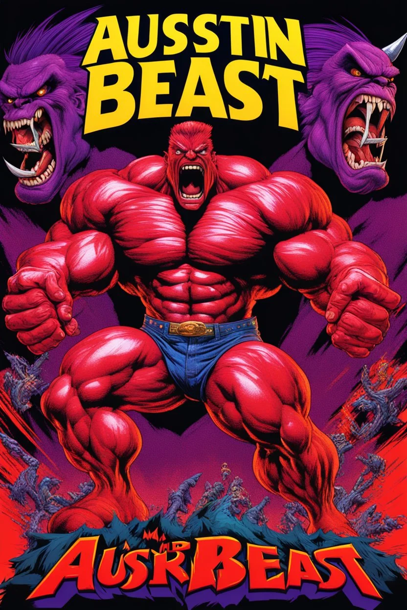 mad crazy wild super head big title with movie poster title:Austin super beast, monster full body muscles more angry and more 90s style, angry fast, extreme, wild, so so angry, tough sexy red and purple background with 90s style slashes
