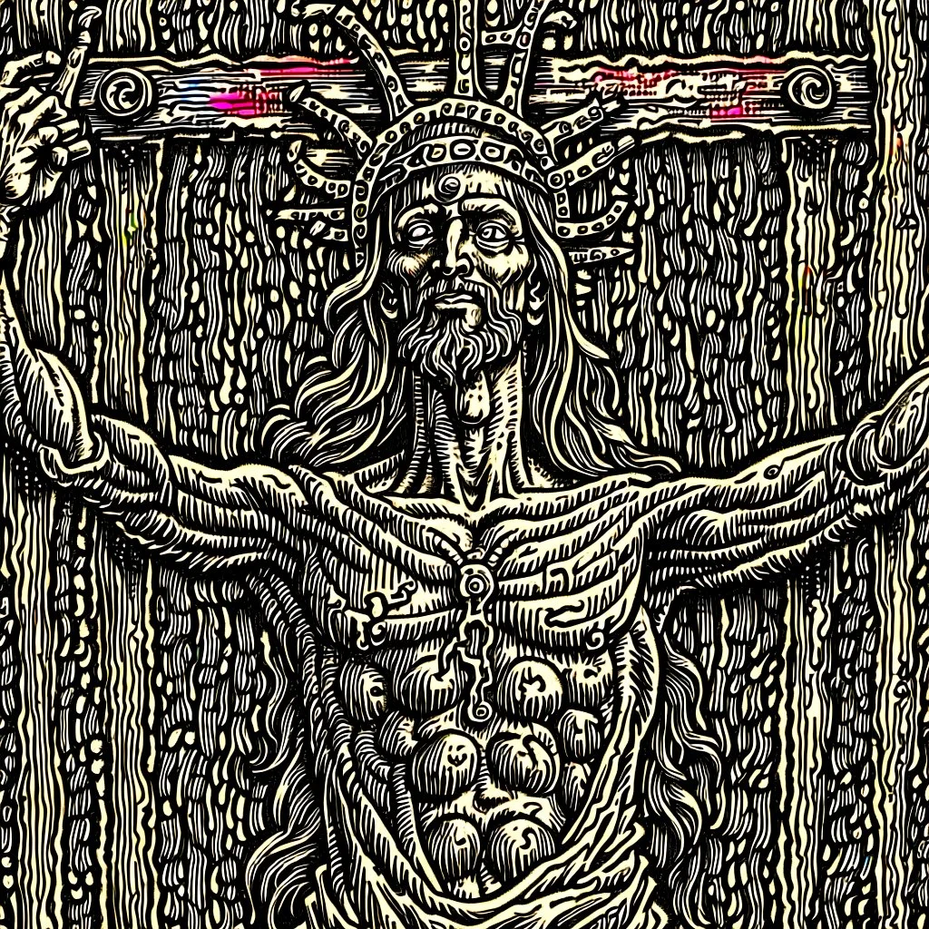 crucified on the cross christ liberty hybrid tone, woodcut, engraved, wall street journal style, statue of cruicified Jesus of Liberty with a beard and wearing a cross and hanging from a cross, The statue male, hyperdetailed intricately detailed photoillustration ink drawing dystopian 8k resolution entire body of the statue is in the picture. digital illustration telephoto lens photography , same colors as the us treasury's one dollar bill, crucified"