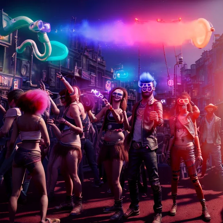 Ultra Realistic photo, medium shot view, drunken women, carnival scene, futuristic steampunk. hair monster, Sunglasses, smoking, happy, hot. Cabaret background, highly detailed, concept art, unreal engine 5, ray tracing, RTX, lumen lighting, ultra detail, volumetric lighting, 3d, finely drawn, high definition, high resolution.