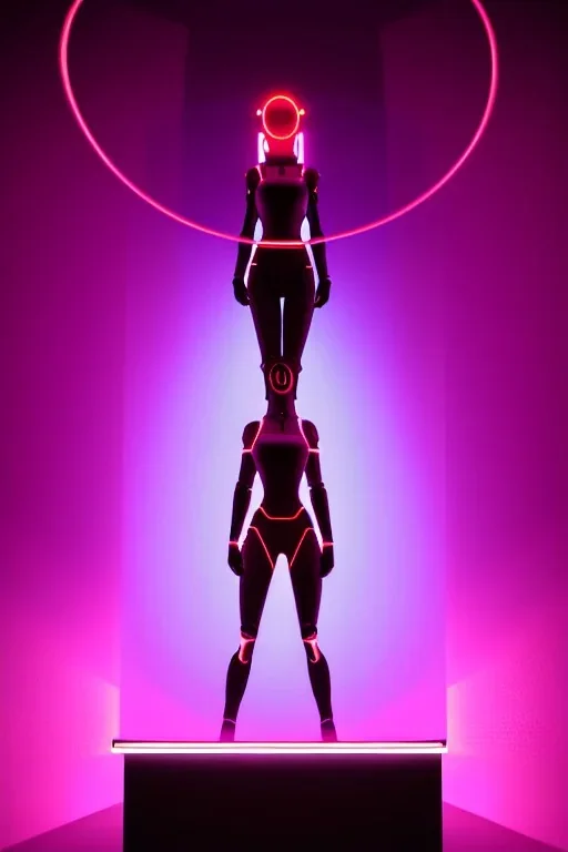 3d, si-fi hunger, girl middle stand on round glowing platform, connected by wires , vr googles, beautifully color coded, super detailed, moody lighting, volumetric lighting, night time, glowing veins, mass effect, vertical light on wall glow