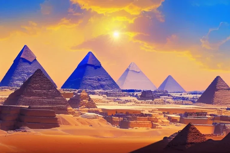 An ancient Egypt city in the year with 2 pyramids in the background, by matthieu lauffray, beautiful Egyptian temples, art Station, vibrant colours, concept art, blue sky