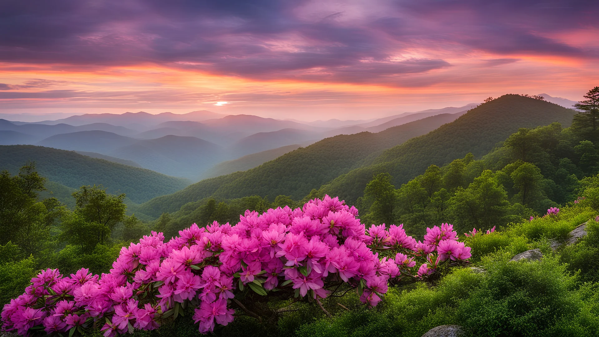 The Great Craggy Mountains along the Blue Ridge Parkway in North Carolina, USA with Catawba Rhododendron during a spring season sunset.