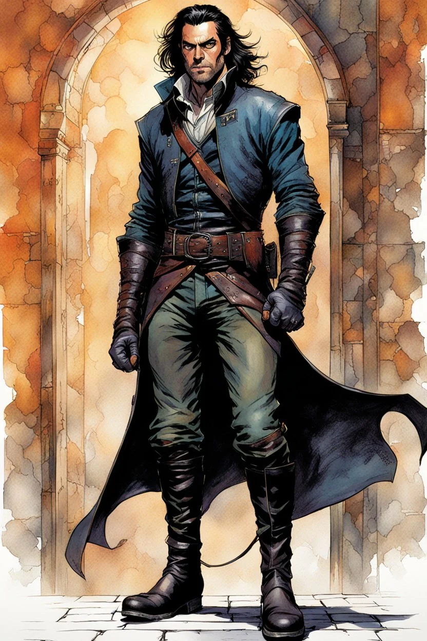 Create a fine art print , full body illustration of an epic fantasy Lankhmar thief The Grey Mouser , with finely lined and detailed facial features, in an open laced leather jerkin, mouseskin breeches , a long belted sash at the waist, ,battered riding boots, , in the comic book style of Bill Sienkiewicz, Howard Chaykin, Mike Mignola, Philippe Druillet, and Jean Giraud Moebius, precisely drawn, colored and inked