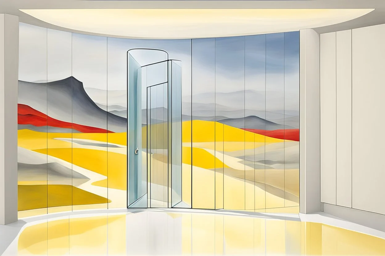 a surreal open glass gate in a glass wall with a view of a desolate landscape, fog, storm, strong contrasts, by artist "Leonora Carrington",by artist "Zaha Hadid",These colors are bold, vibrant, and intense, including shades of primary colors such as red, blue, and yellow.