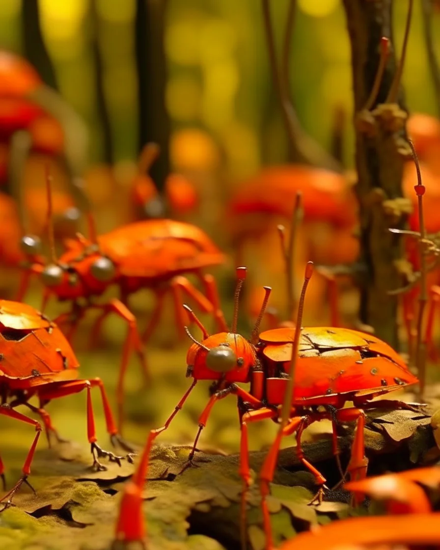 An orange colored metal forest with bugs painted by Claude Monet