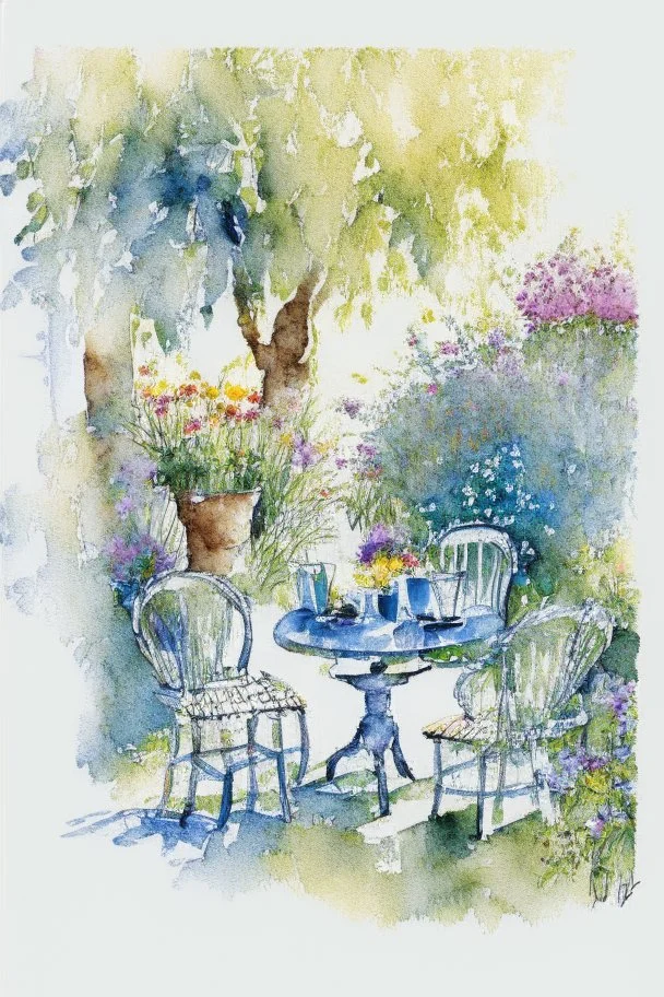 abstract watercolour english cottage garden with table and 2 chairs in the style of jean haines, centred