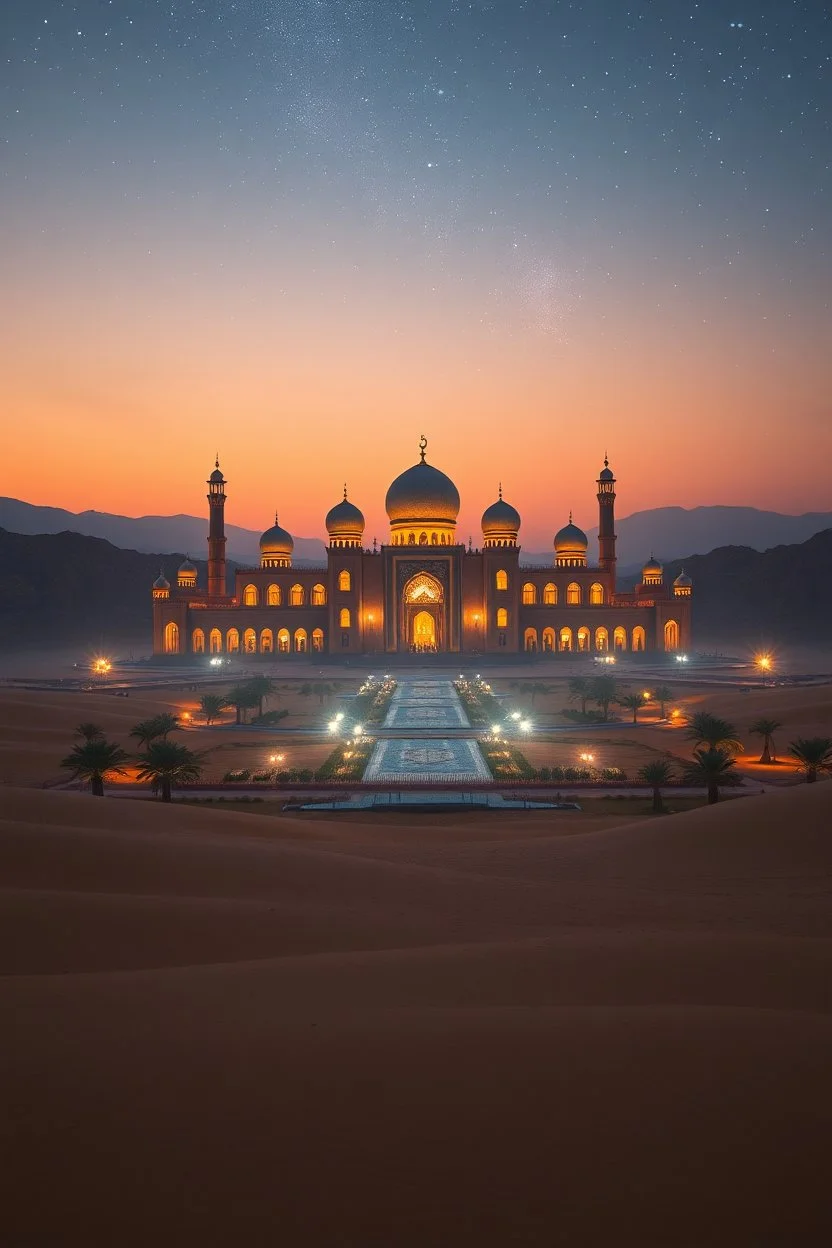 photographic realism. a beautiful Arabic scene in the middle of a desert at sunset. atmospheric. huge palace and immense view of the night sky.