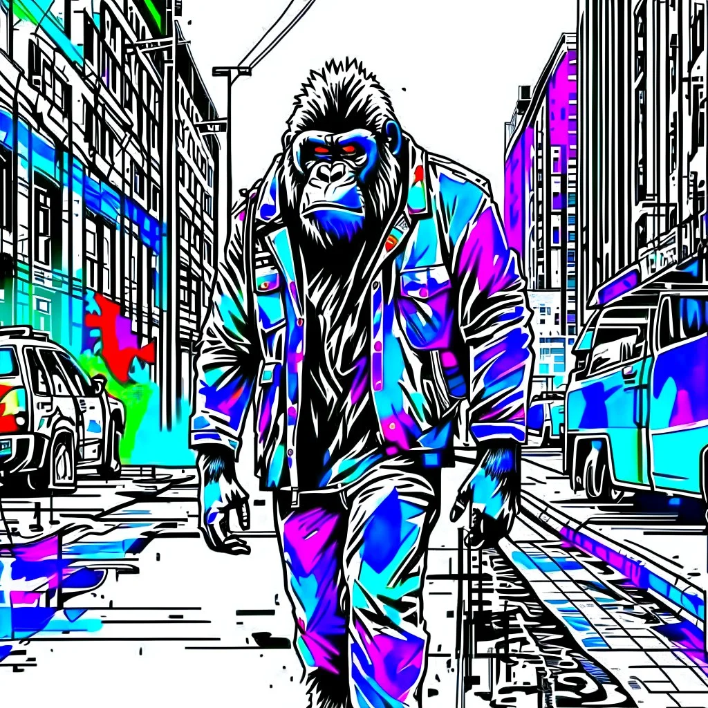 Retrato Gorila humanoide con chaqueta caminando en la ciudad, auriculares, cuerpo completo, ilustración de tinta europea,maximalista, colores contrastantes, calidad ultra, hiperdetallado, 8k