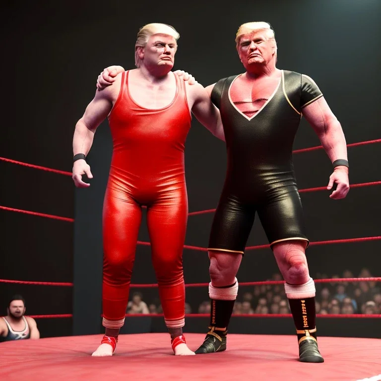 Wrestler Donald trump, dark, wrestling, sweat, blood, red breeches, stars, retro style, 80s, hot ambient, photo studio, smooth color, highly detailed, art stations, concept art, smooth, unreal engine 5, god rays, ray tracing, RTX, lumen lighting, ultra detail, volumetric lighting, 3d, finely drawn, high definition, high resolution.